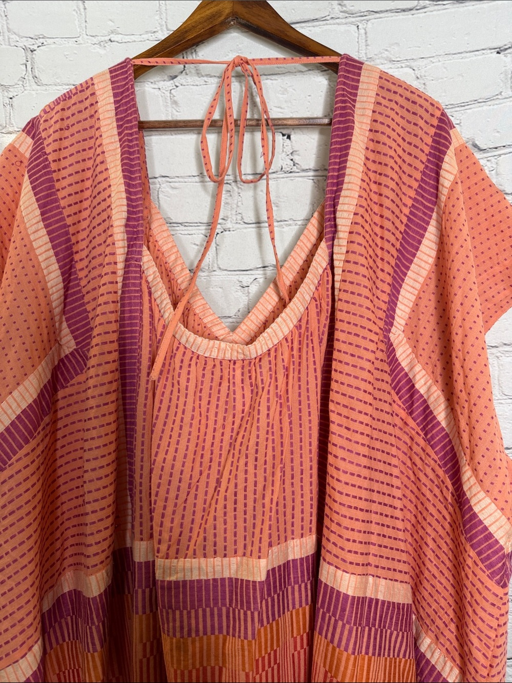 Free People Peach & Pink Striped V-Neck Over Sized Caftan Tunic Dress Size Large - Picture 9 of 12